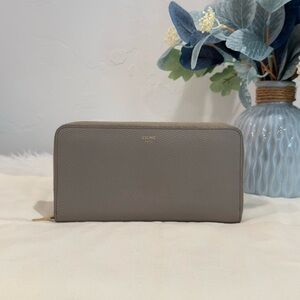 Celine Greige Grained Calf Leather Zippy Wallet